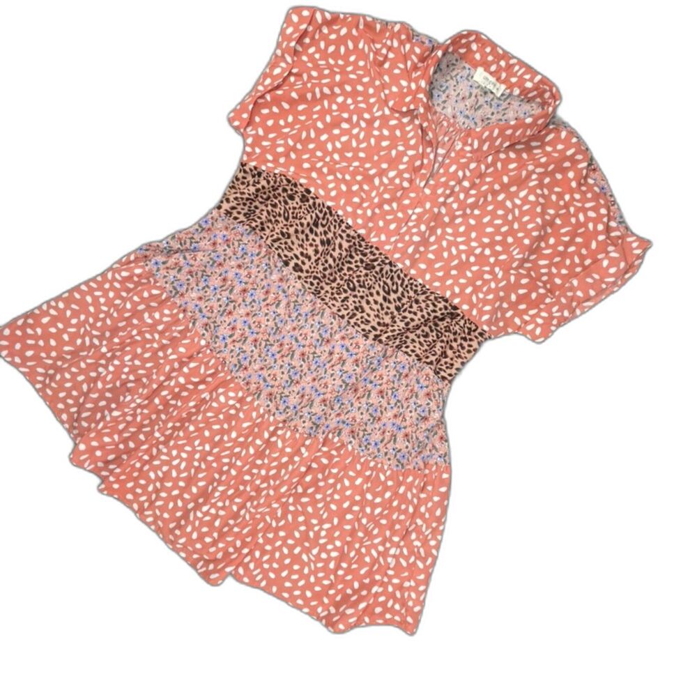 Umgee Mixed Print Tiered Babydoll Dress XL Coral Boho Floral Leopard Mini Animal